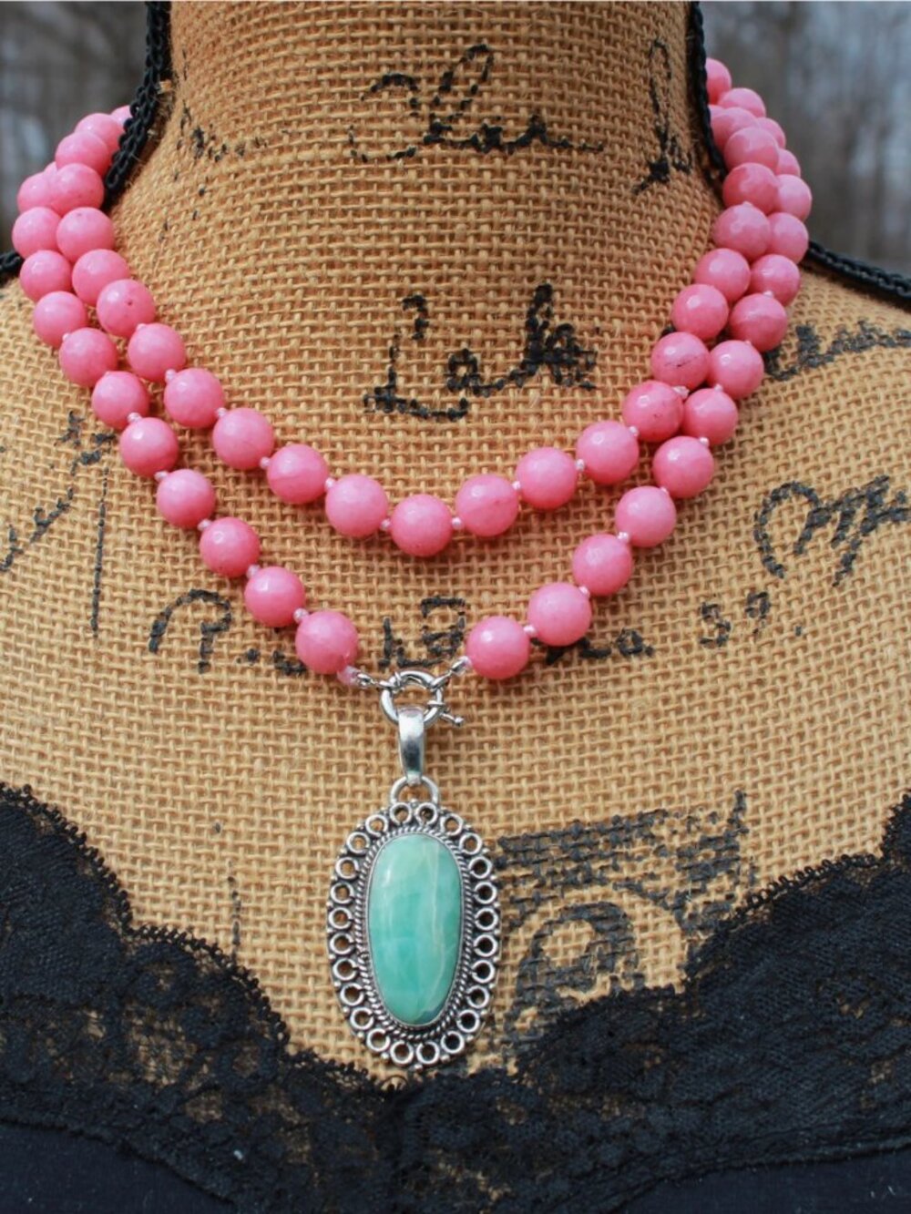 Harmony in Pink: Faceted Pink Jade Necklace with Larimar Pendant